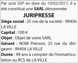 Modèle annonce légale de constitution de SARL